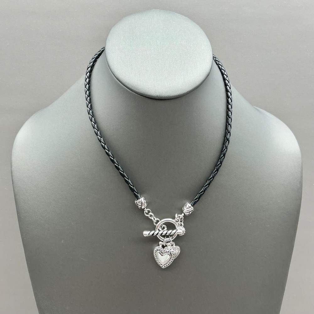 Lia Sophia Necklace Women Black Braided Cord Silver Tone Heart Charms Toggle 16"